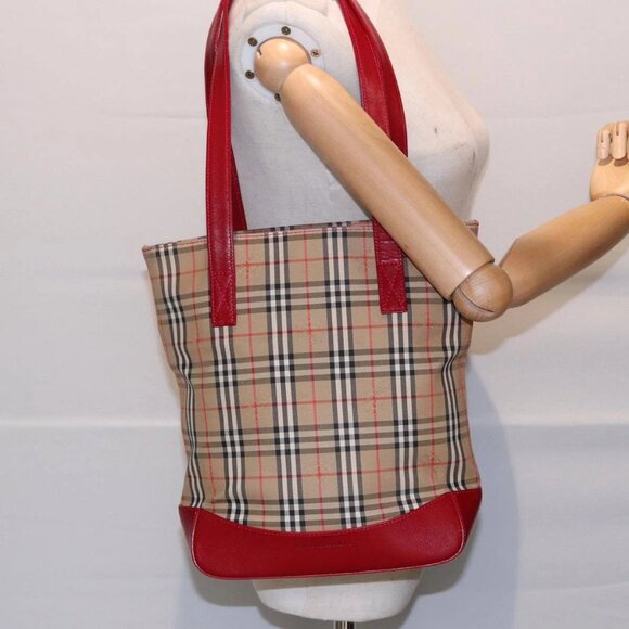 BURBERRY Nova Check Tote Bag Canvas Leather Beige Gold Red Auth - Picture 1 of 16